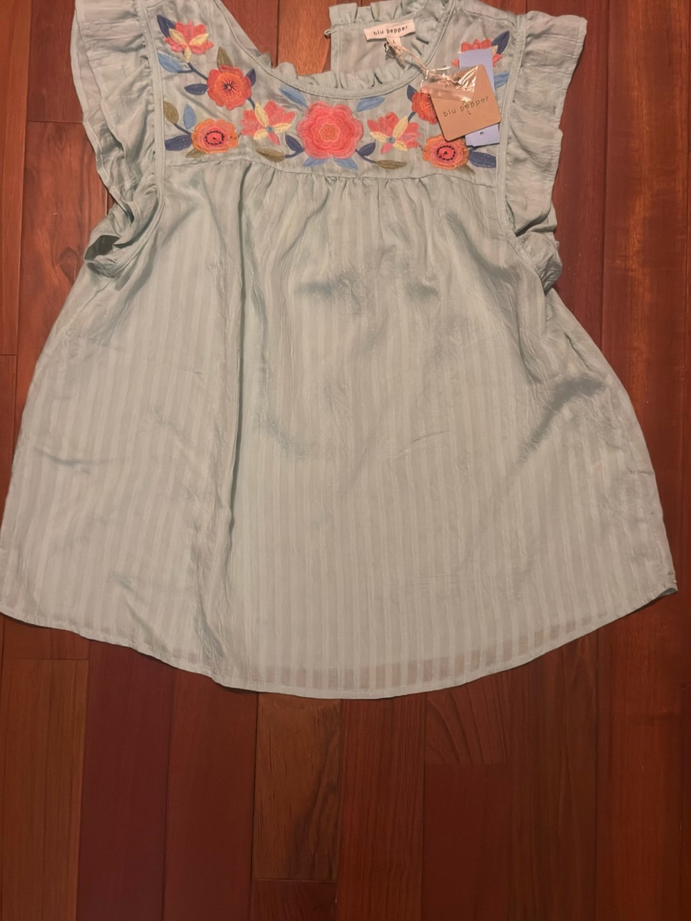 Blu Pepper Light teal Embroidered Flutter Sleeve Blouse